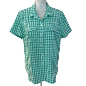 Eddie Bauer XL Outdoor Button Front Shirt Top Gingham Green Poly Nylon Blend